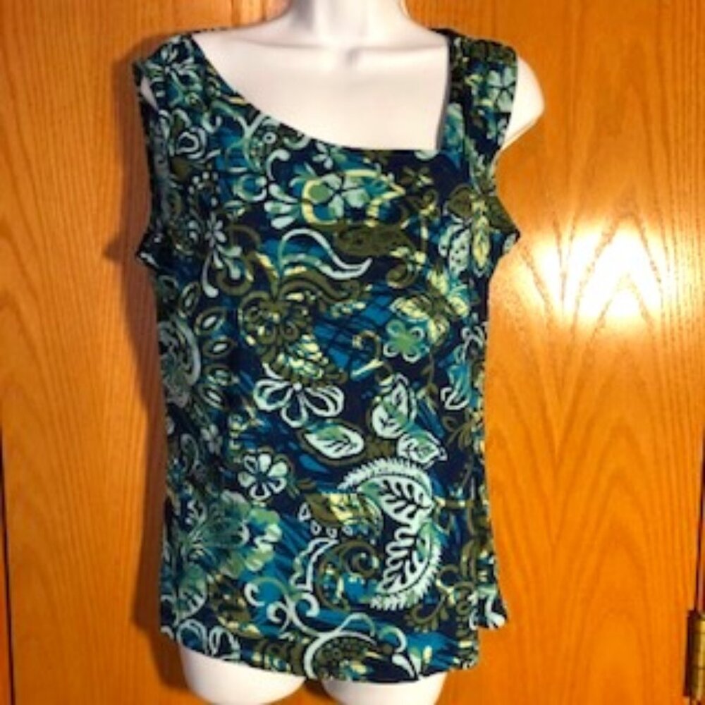 Saint Tropez West Asymmetrical Neckline Blue Green Sleeveless Tank Top Large L